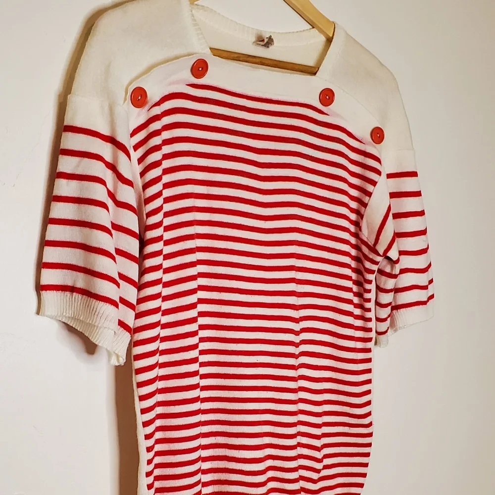 (Red &) White Stripes Red and White Striped Short Sleeve Knit Sweater Shirt - Picture 4 of 14